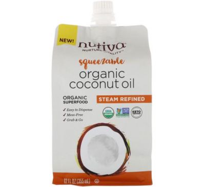 Nutiva, Organic Squeezable, рафінована кокосова олія, в м’якій упаковці, 355 мл (12 рідк. унцій)