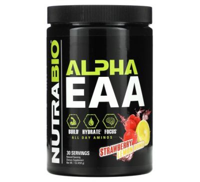 NutraBio Labs, Alpha EAA, незамінні альфа-амінокислоти, полуниця та лимон, 458 г (1 фунт)