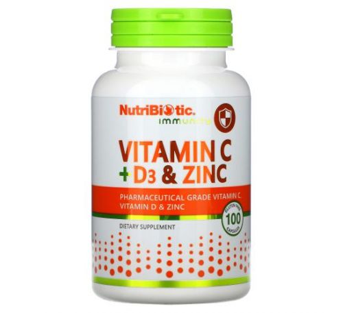 NutriBiotic, Immunity, Vitamin C + D3 & Zinc, 100 Capsules