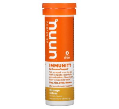 Nuun, Hydration, Immunity, Шипучая добавка для иммунитета, апельсин и цитрус, 10 таблеток