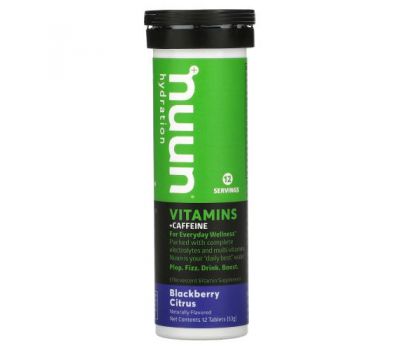 Nuun, Hydration, Vitamins + Caffeine, Effervescent Vitamin Supplement, Blackberry Citrus, 12 Tablets