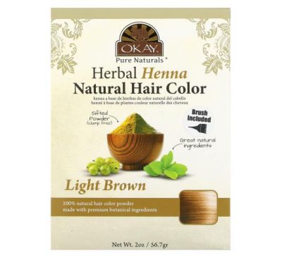 Okay Pure Naturals, Натуральная краска для волос из травяной хны, светло-коричневый, 56,7 г (2 унции)