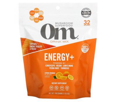 Om Mushrooms, Energy+, суміш для приготування напою, заряд енергії, смак цитрусових і апельсину, 200 г (7,05 унції)