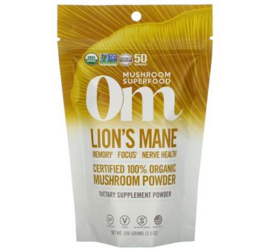 Om Mushrooms, Lion's Mane, Certified 100% Organic Mushroom Powder, 3.5 oz (100 g)