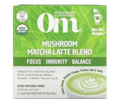 Om Mushrooms, Mushroom Powered Matcha Latte Blend, 10 Packets, 0.28 oz (8 g) Each