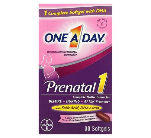 One-A-Day, Prenatal 1 with Folic Acid, DHA & Iron, Multivitamin/Multimineral Supplement, 30 Softgels