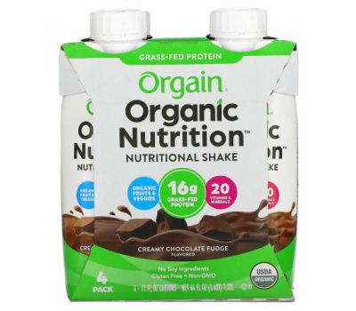 Orgain, Organic Nutrition, All In One Nutritional  Shake, Creamy Chocolate Fudge, 4 Pack, 11 fl oz Each