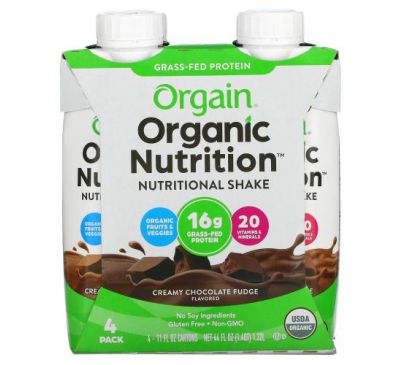 Orgain, Органическое питание, универсальный питательный коктейль, сливочно-шоколадный фадж, 4 шт., 11 ж. унц. каждый