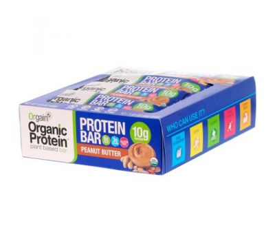 Orgain, Organic Plant-Based Protein Bar, Peanut Butter, 12 Bars, 1.41 oz (40 g) Each