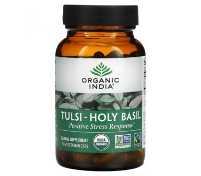 Organic India, тулси и базилик священный, положительная реакция на стресс, 90 вегетарианских капсул