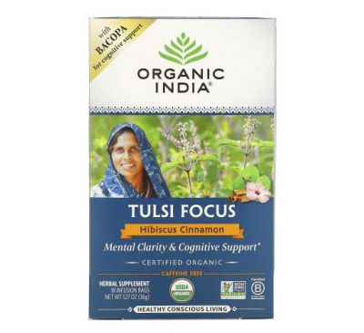 Organic India, Tulsi Focus with Bacopa, Hibiscus Cinnamon, Caffeine Free, 18 Infusion Bags, 1.27 oz (36 g)
