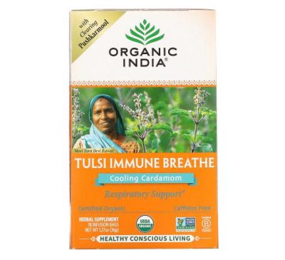 Organic India, Tulsi Immune Breathe, Cooling Cardamom, Caffeine-Free, 18 Infusion Bags, 1.27 oz (36 g)