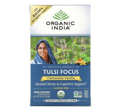 Organic India, Tulsi Tea, Focus, Clementine Vanilla, Caffeine Free, 18 Infusion Bags, 1.34 oz (38.08 g)