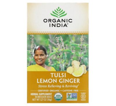 Organic India, чай с тулси, лимоном и имбирем, без кофеина, 18 пакетиков, 36 г (1,27 унции)