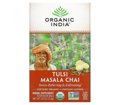 Organic India, чай масала з тулсі, 18 пакетиків для заварювання, 37,8 г (1,33 унції )