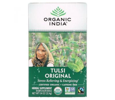 Organic India, чай з тулсі, оригінальний, без кофеїну, 18 чайних пакетиків, 32,4 г (1,14 унції)