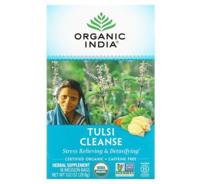 Organic India, очищувальний чай із тулсі, без кофеїну, 18 чайних пакетиків, 28,8 г (1,02 унції)