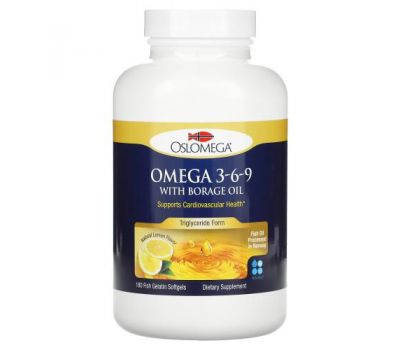 Oslomega, норвезька серія, омега 3-6-9 з олією огірочник, зі смаком лимона, 180 рибних желатинових капсул
