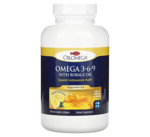 Oslomega, норвезька серія, омега 3-6-9 з олією огірочник, зі смаком лимона, 180 рибних желатинових капсул