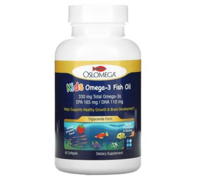 Oslomega, риб’ячий жир омега-3 для дітей, з натуральним полуничним смаком, 60 капсул із риб’ячого желатину