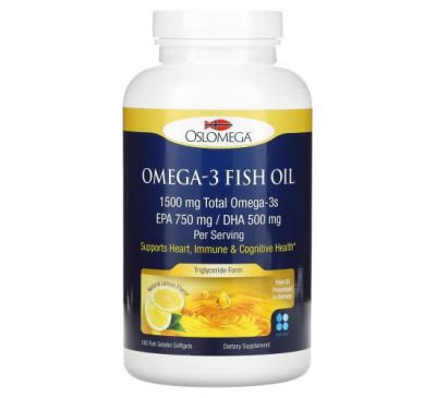 Oslomega, риб’ячий жир з омега-3, 750 мг ЕПК, 500 мг ДГК, зі смаком лимона, 180 капсул із риб’ячого желатину