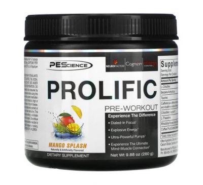 PEScience, Prolific, Pre-Workout, Mango Splash, 9.88 oz (280 g)