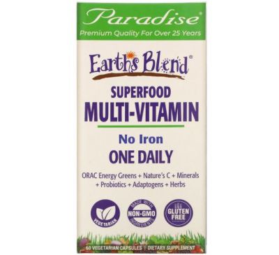 Paradise Herbs, Earth's Blend, ежедневные мультивитамины из суперпродуктов, без железа, 60 вегетарианских капсул