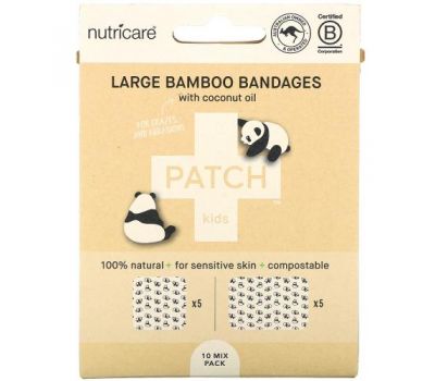 Patch, Kids, Large Bamboo Bandages with Coconut Oil, Panda, 10 Mix Pack