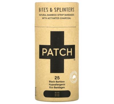 Patch, Natural Bamboo Strip Bandages with Activated Charcoal, Bites & Splinters, Black, 25 Eco Bandages