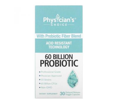 Physician's Choice, 60 миллиардов пробиотиков, 30 растительных капсул с отсроченным высвобождением