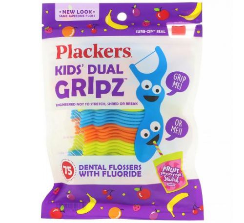 Plackers, Kid's Dual Gripz, дитячі зубочистки з ниткою, з фтором, фруктовий смузі, 75 шт.