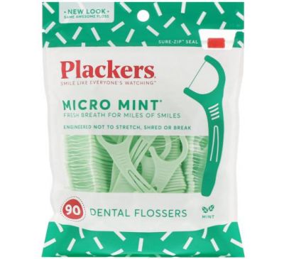 Plackers, Micro Mint, зубочистки с нитью, мята, 90 шт.