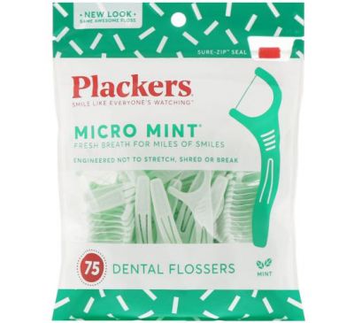 Plackers, Micro Mint, зубочистки з ниткою для задніх зубів, м’ята, 75 шт.