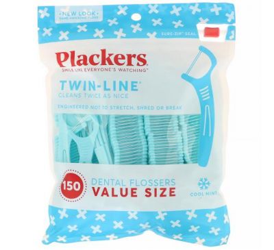 Plackers, Twin-Line, зубні нитки, економна упаковка, прохолодна м’ята, 150 штук