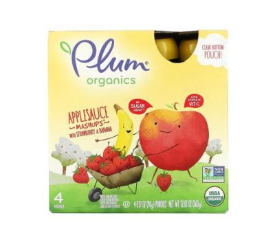 Plum Organics, Applesauce Mashups with Strawberry & Banana, 4 Pouches, 3.17 oz (90 g) Each