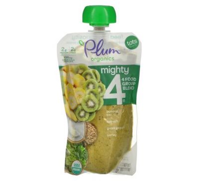 Plum Organics, Mighty 4, 4 Food Group Blend, Tots, Banana, Kiwi, Spinach, Greek Yogurt, Barley, 4 oz (113 g)