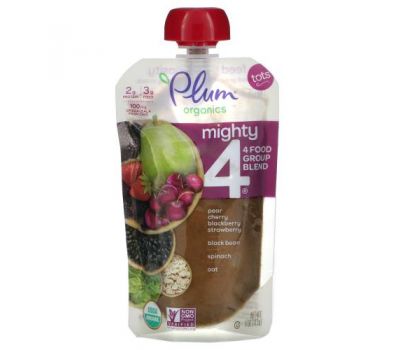 Plum Organics, Mighty 4, 4 Food Group Blend, Tots, Pear, Cherry, Blackberry, Strawberry, Black Bean, Spinach, Oat, 4 oz (113 g)