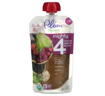 Plum Organics, Mighty 4, 4 Food Group Blend, Tots, Pear, Cherry, Blackberry, Strawberry, Black Bean, Spinach, Oat, 4 oz (113 g)