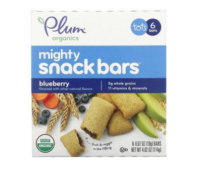 Plum Organics, Mighty Snack Bars, снеки для малюків з лохиною, 6 батончиків. по 19 г (0,67 унції)