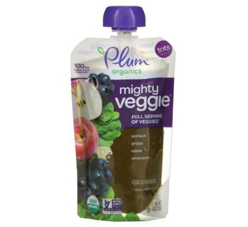 Plum Organics, Mighty Veggie, Tots, Spinach, Grape, Apple, Amaranth, 4 oz (113 g)