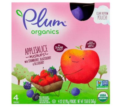 Plum Organics, Organic Applesauce Mashups with Strawberry, Blackberry & Blueberry, 4 Pouches, 3.17 oz (90 g) Each