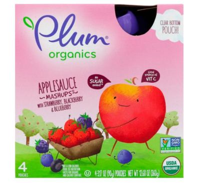 Plum Organics, Organic Applesauce Mashups with Strawberry, Blackberry & Blueberry, 4 Pouches, 3.17 oz (90 g) Each