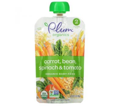 Plum Organics, Organic Baby Food, Stage 2, Carrot, Bean, Spinach & Tomato with Oats, 3.5 oz (99 g)