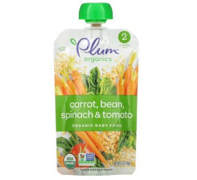 Plum Organics, Organic Baby Food, Stage 2, Carrot, Bean, Spinach & Tomato with Oats, 3.5 oz (99 g)