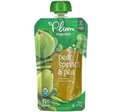 Plum Organics, органическое детское питание, этап 2, груша, шпинат и горох, 113 г (4 унции)