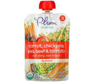 Plum Organics, Organic Baby Food, Stage 3, Carrot, Chickpea, Pea, Beef & Tomato with Celery, Date & Onion, 4 oz (113 g)