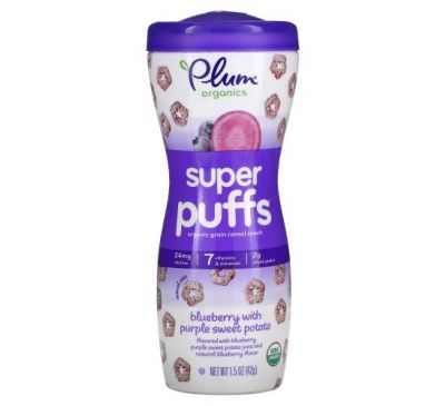 Plum Organics, Super Puffs, органічні овочі, фруктово-зернові снеки Puffs, чорниця та фіолетова солодка картопля, 42 г (1,5 унції)