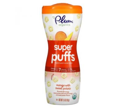 Plum Organics, Super Puffs, органічні подушечки з овочами, фруктами та злаками, манго та солодка картопля, 42 г (1,5 унції)
