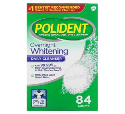 Polident, Antibacterial Denture Cleanser, Overnight Whitening  Daily Cleanser, Triple Mint, 84 Tablets