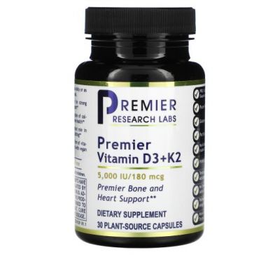 Premier Research Labs, Premier Vitamin D3 + K2, 5000 МЕ / 180 мкг, 30 капсул растительного происхождения